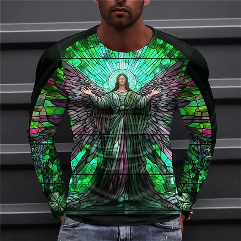 3D Printing Virgin Mary T Shirt For Men Christian Mother Of God Pattern Long Sleeved Casual T-Shirts Tops Mens Large Size Tshirt