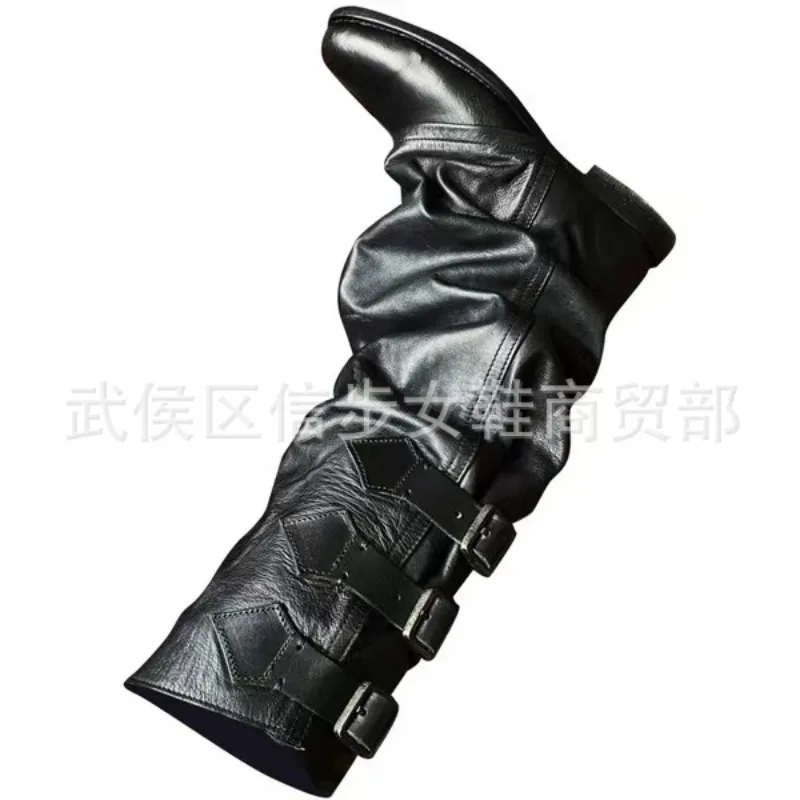British Style Belt Buckle Women Boots 3CM Low Heels Solid Fashion Casual Large Size 46 Tooling Boots Pleated Retro Mid-Calf Boot - view 2