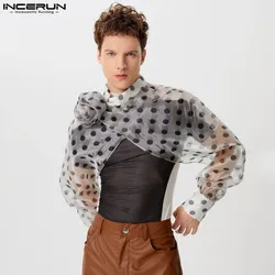 INCERUN Men Irregular T Shirt Polka Dot Printing Stand Collar Long Sleeve Crop Tops Men Streetwear Flower 2024 Fashion Camisetas