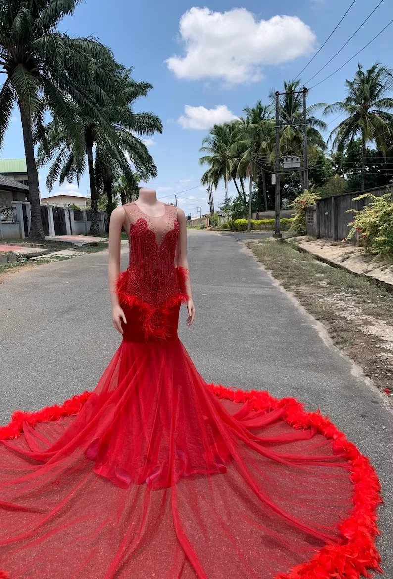 Red African American Prom Dresses Mermaid Sheer Tulle Beaded Feather Black Girls Nigeria Robe De Soiree Evening Dresses Gown