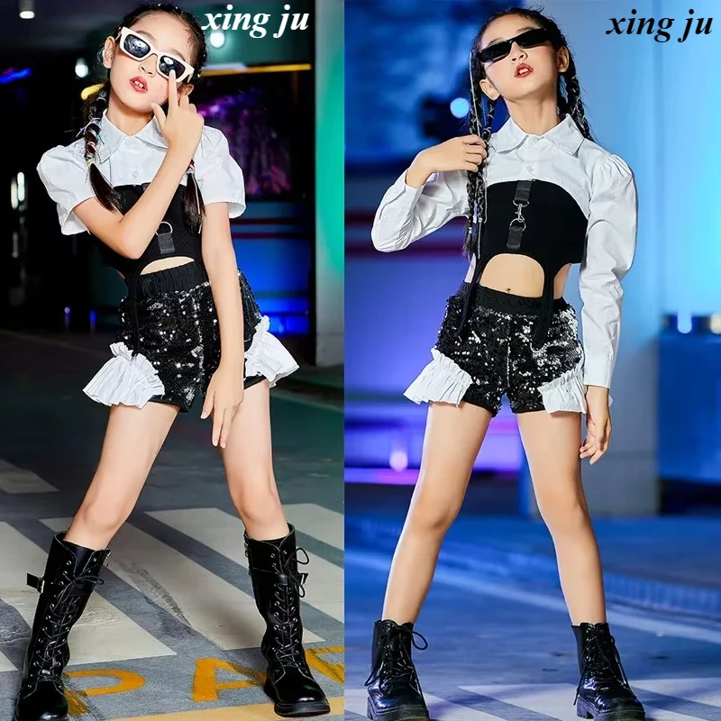 

Girls Jazz Dance Costumes Children Fashion Cheerleader Black Sequins Tops Patchwork Shorts Suit Stage Costumes Hip Hop Clothing