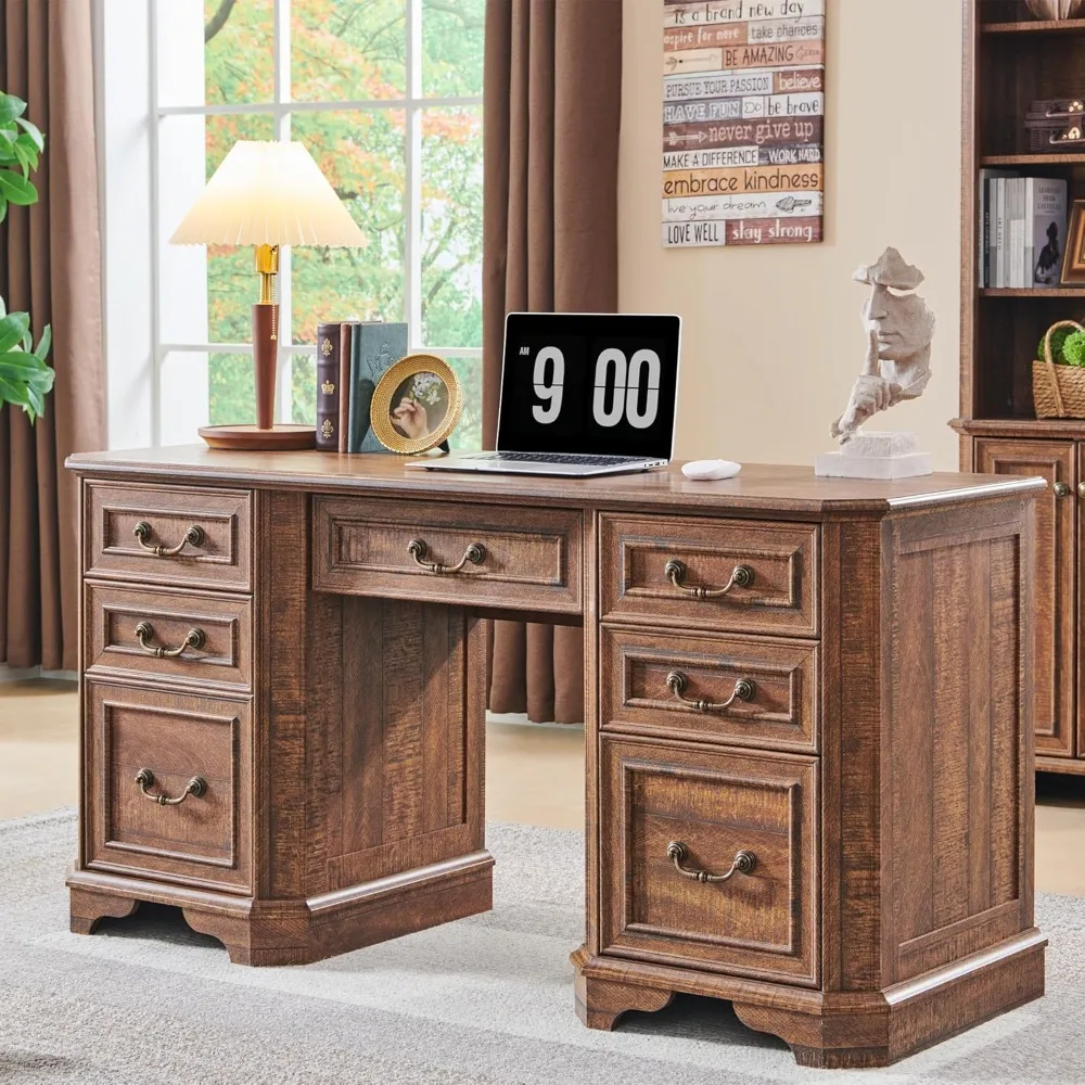 

"59 Inch Farmhouse Style Executive Desk with Storage Drawers, Wood Home Office Desk Including Keyboard Tray and Charging Station