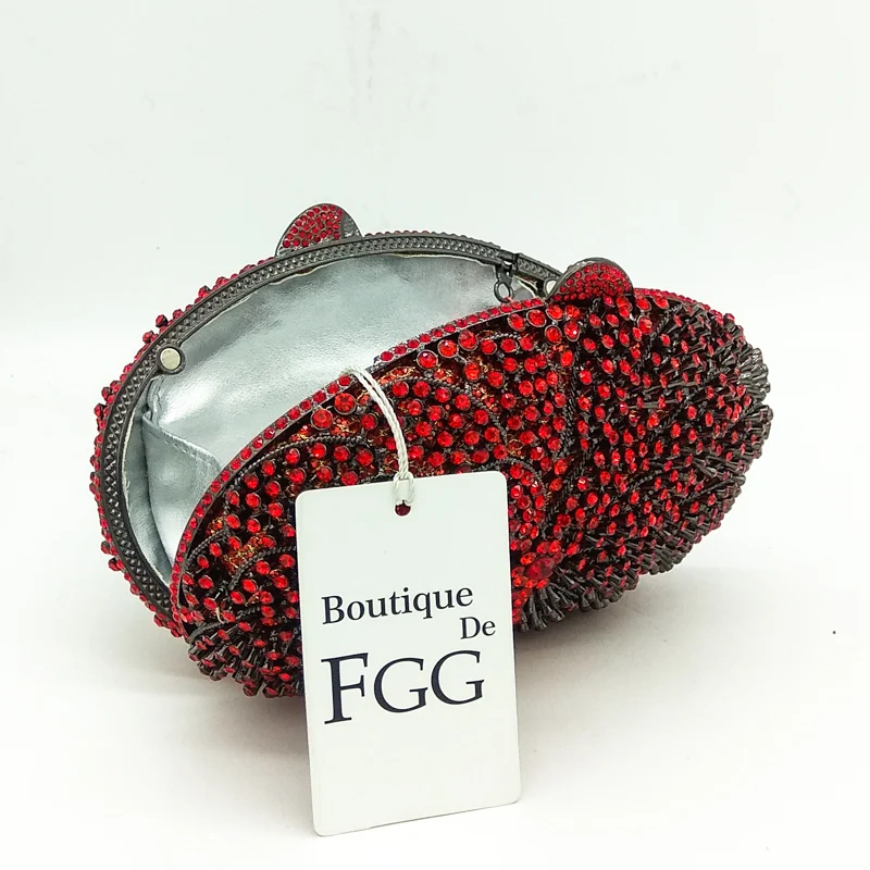 Boutique De FGG Red Ruby Flower Clutch Women Evening Bags Wedding Party Dinner Rhinestone Handbag and Purses