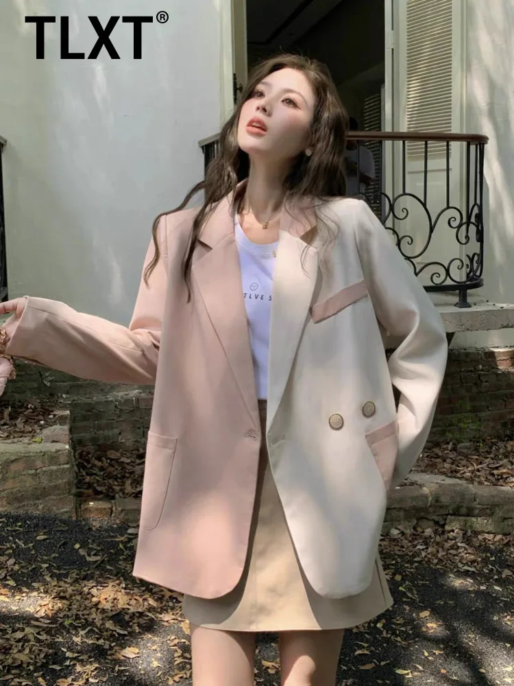 

TLXT модный женский пиджак с цветными блоками и лацканами, свободный крой, двубортный пиджак с длинными рукавами, осень 2023, новинка XK1507