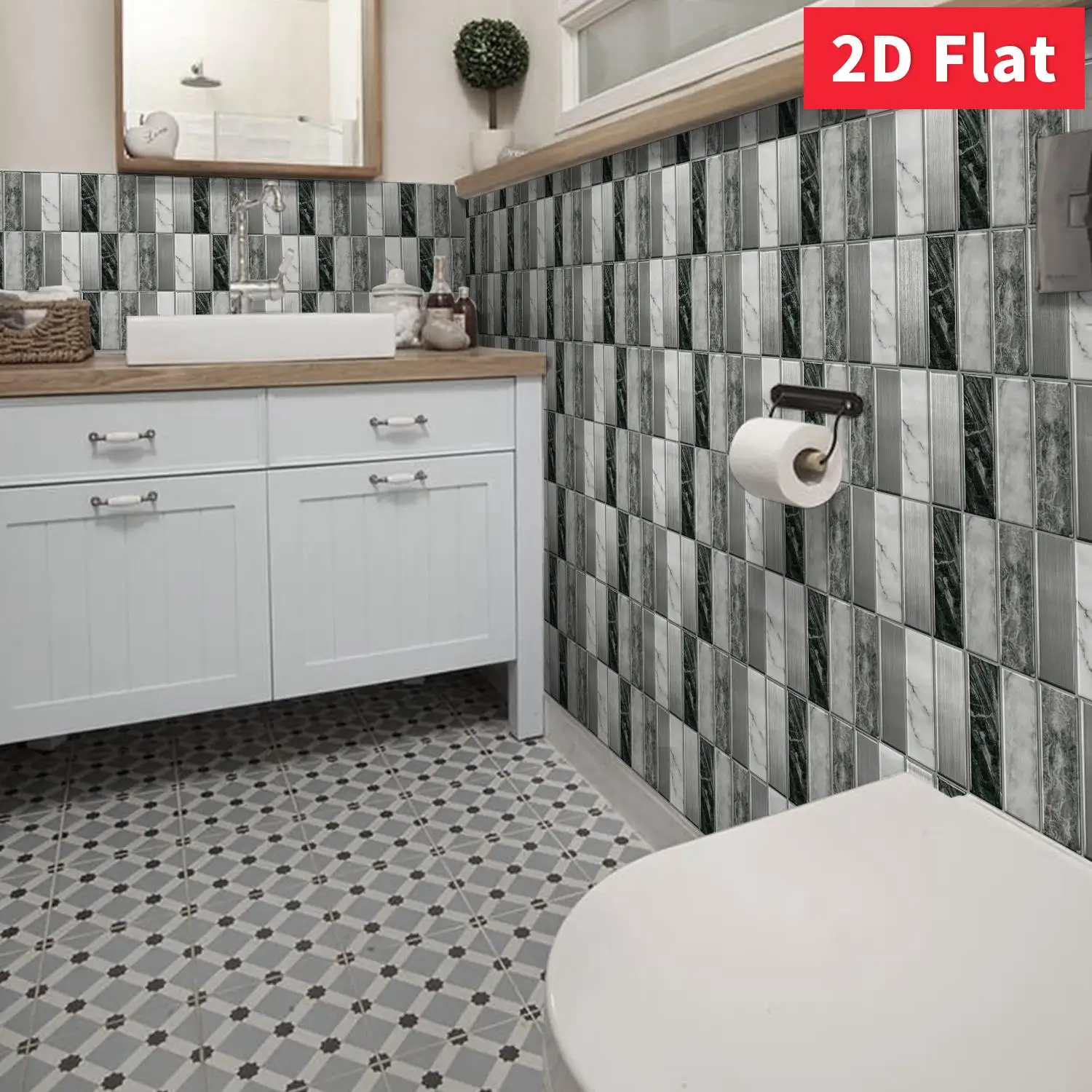 Silver Grey Marble Self‑Adhesive Wall Tile Stickers 11.81×5.91 inch 2D Flat for Home Kitchen Bathroom Wall Decor