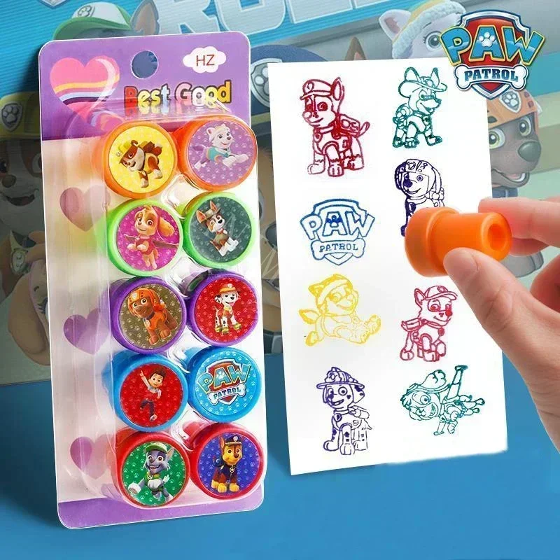 10 pcs Paw Patrol Cartoon Chase Marshall Rubble Skye Action Figures Colorful Pattern Stamp Toys Birthday Party for Baby Gifts