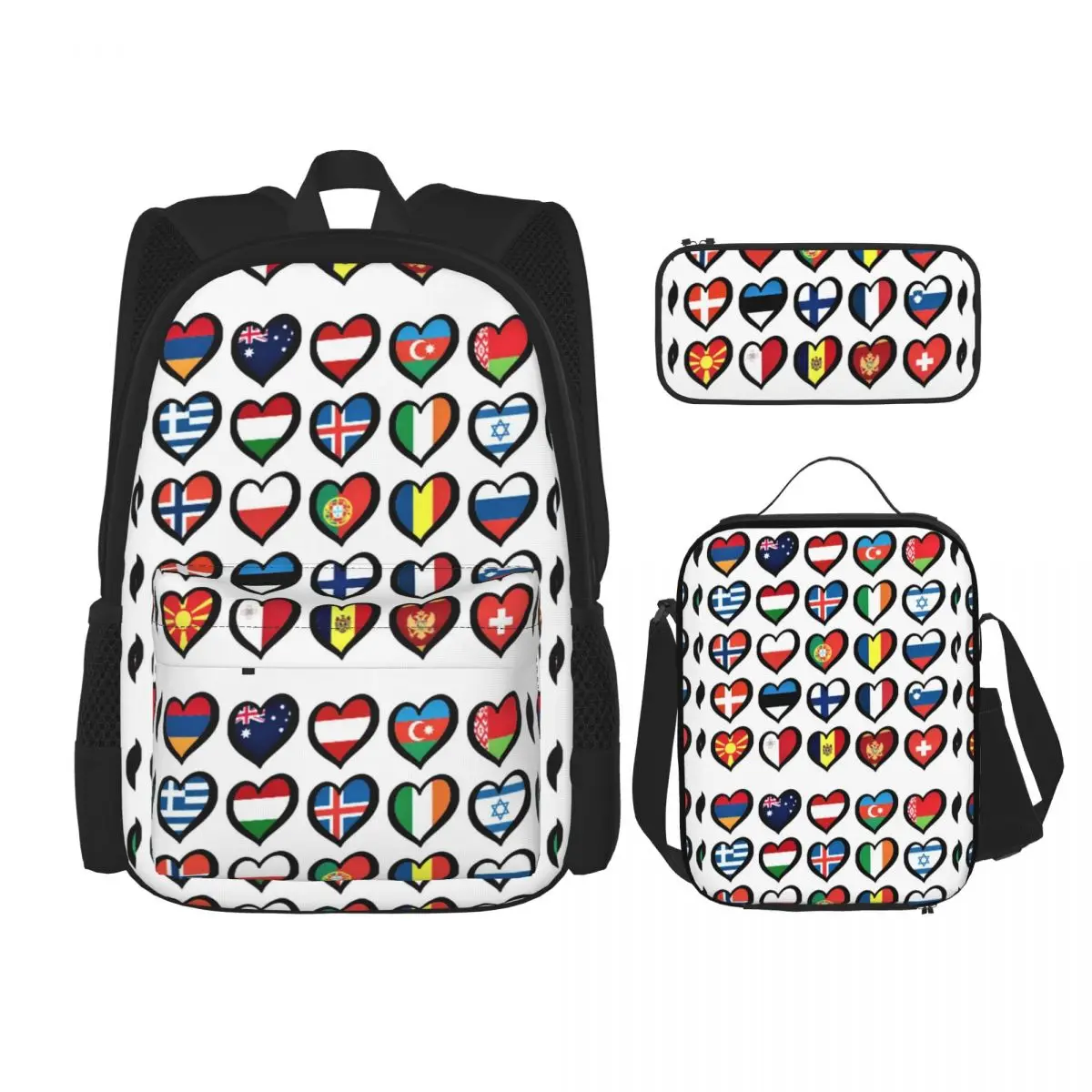 

Eurovision Song Contest Flags Hearts Backpacks Bookbag Students School Bags Kids Rucksack Lunch Bag Pen Bag Three-Piece Set