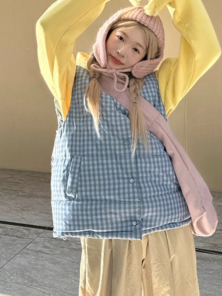 

Zoki Cute Blue Plaid Puffy Vest Women Loose Vintage Sleeveless Warm Thick Winter Sweet Vest Coat Korean Preppy Style Outwear Top