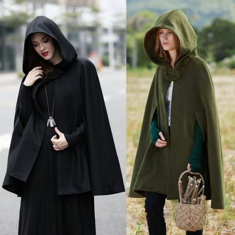 Halloween Hooded Cloak For Women 2022 Autumn Winter Warm Long Sleeve Solid Simple Style Loose Bat Outerwear Witch Coats