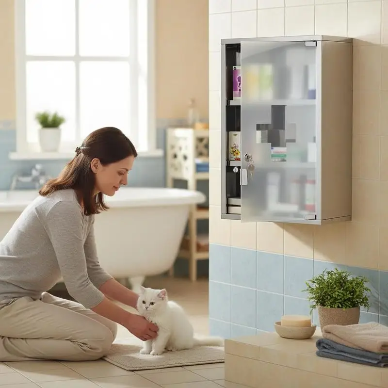 Armoire à pharmacie murale à 3 niveaux en acier inoxydable avec porte verrouillable en verre et 2 clés