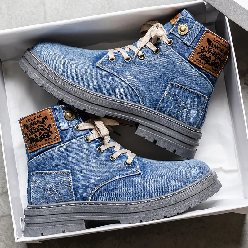 Retro Wide Width Denim High-cut Men Boots Lace Up Anti-slip Thick Sole, Ideal for Daily Wear and Casual Outdoor Hangouts