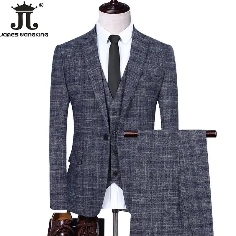 Blazer Vest Pants 3 Pcs or 2 Pcs Set Fashion Men's Casual Boutique Business Dress Wedding Groom Plaid Suit Coat Blazers Trousers