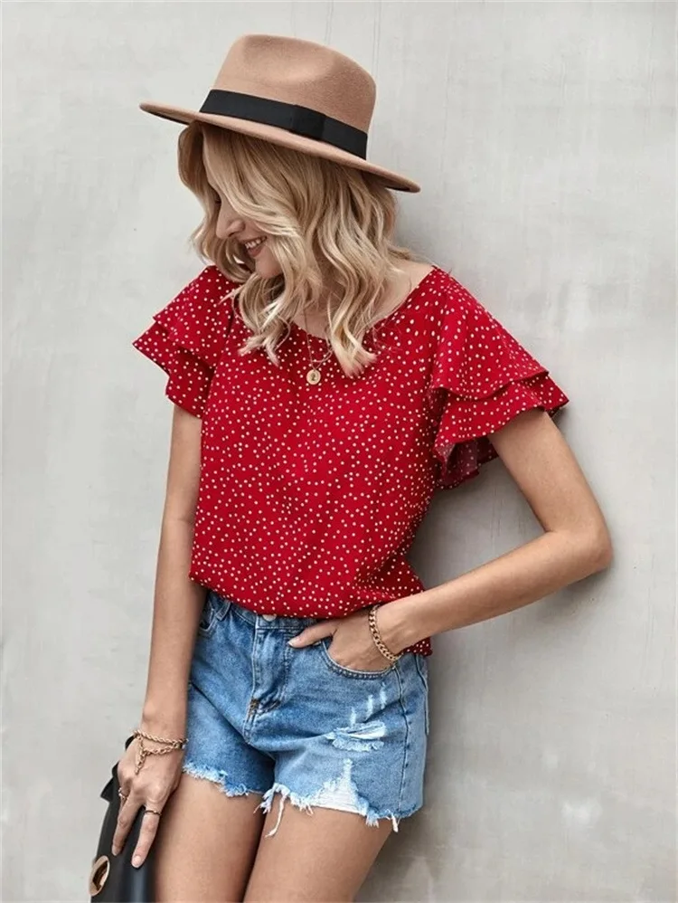 Spring and summer fashion casual ladies short-sleeved digital printing dots red lotus leaf patchwork t-shirt