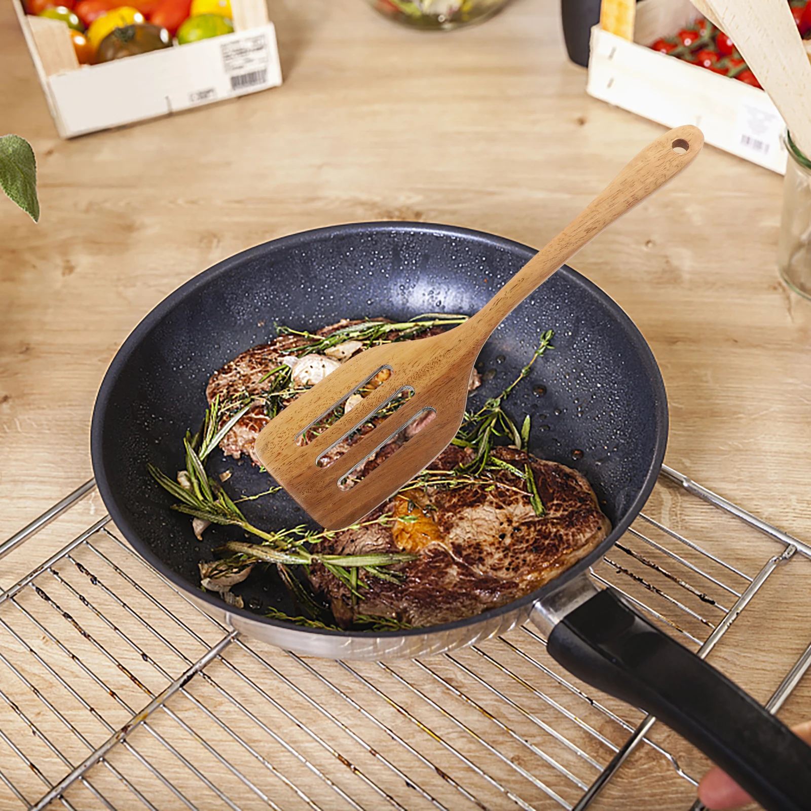 

12 шт., набор кухонной утвари из дерева акации, сковорода с антипригарным покрытием, инструмент для приготовления пищи, деревянная лопаточка, ложка для супа, дуршлаг, посуда вок