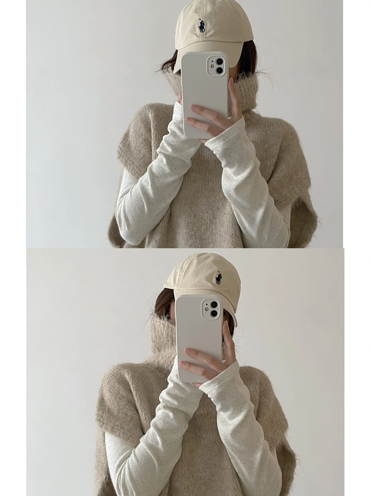 

SunYeo Oats Milk Foam Lazy High Collar Vest Sweater Ci Walk Sle Fce Lined Long Sve Knittedwear for Women