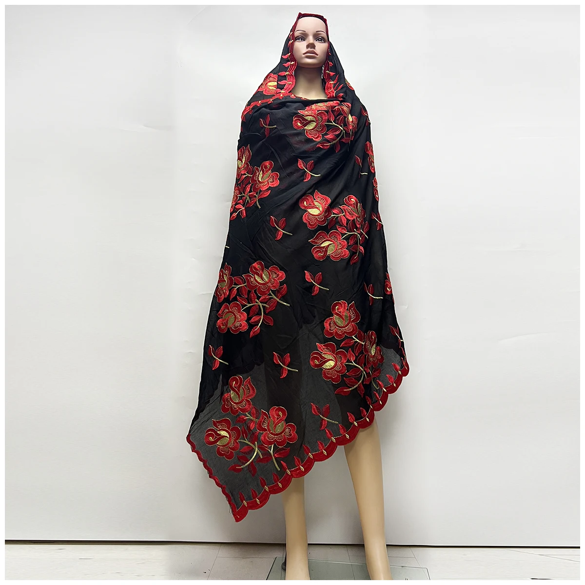 African Women Hijab Muslim Scarf Dubai Excellent Style High Quality 100% Cotton Fabric Rayon Cotton Thread Eembroidered Scarf