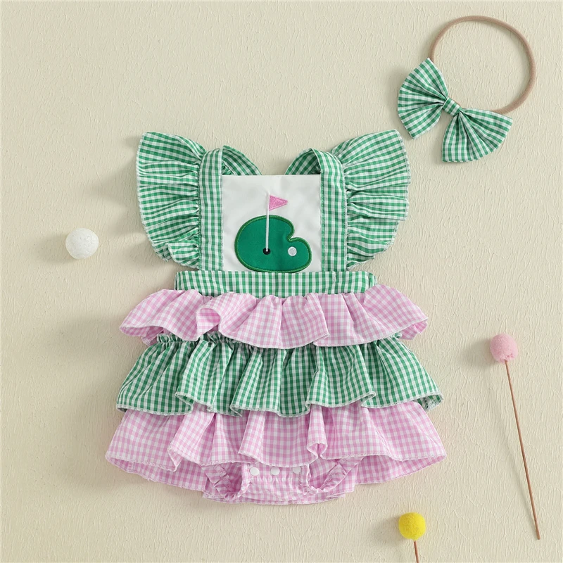 

Summer Toddler Baby Girls Romper Hairband Set Casual Fly Sleeve Golf Court Plaid Layered Jumpsuit Fashion Infant Newborn Clothes