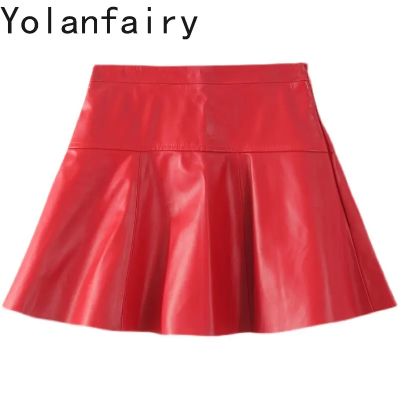 YOLANFAIRY 2026 New Autumn Women Genuine Sheepskin Red Mini Skirt High Waist Sexy A-line Skirts Real Leather Ladies Short Skirt
