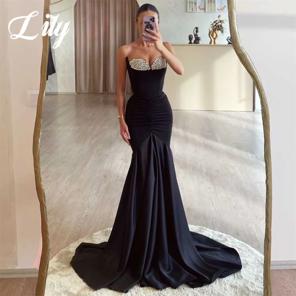 

Lily Black Mermaid Sexy Prom Dress Stain Sequin Celebrity Dress with Pleat Sleeveless Sweetheart Formal Gown vestidos de fiesta