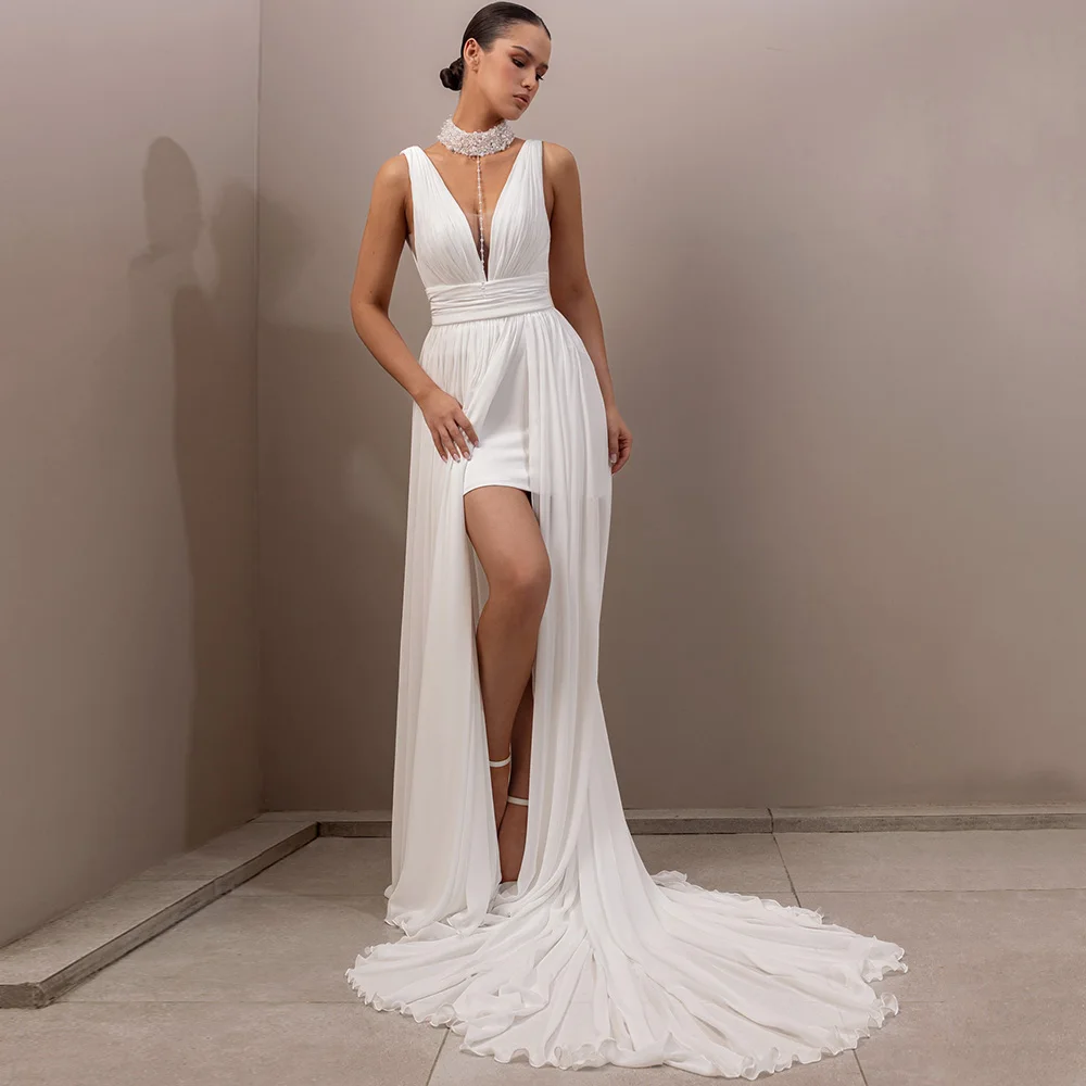 

Charming V-Neck Chiffon Wedding Dress Women Sexy Side Slit Sleeveless Bohemian Beach Bridal Gowns with Open Back Customized