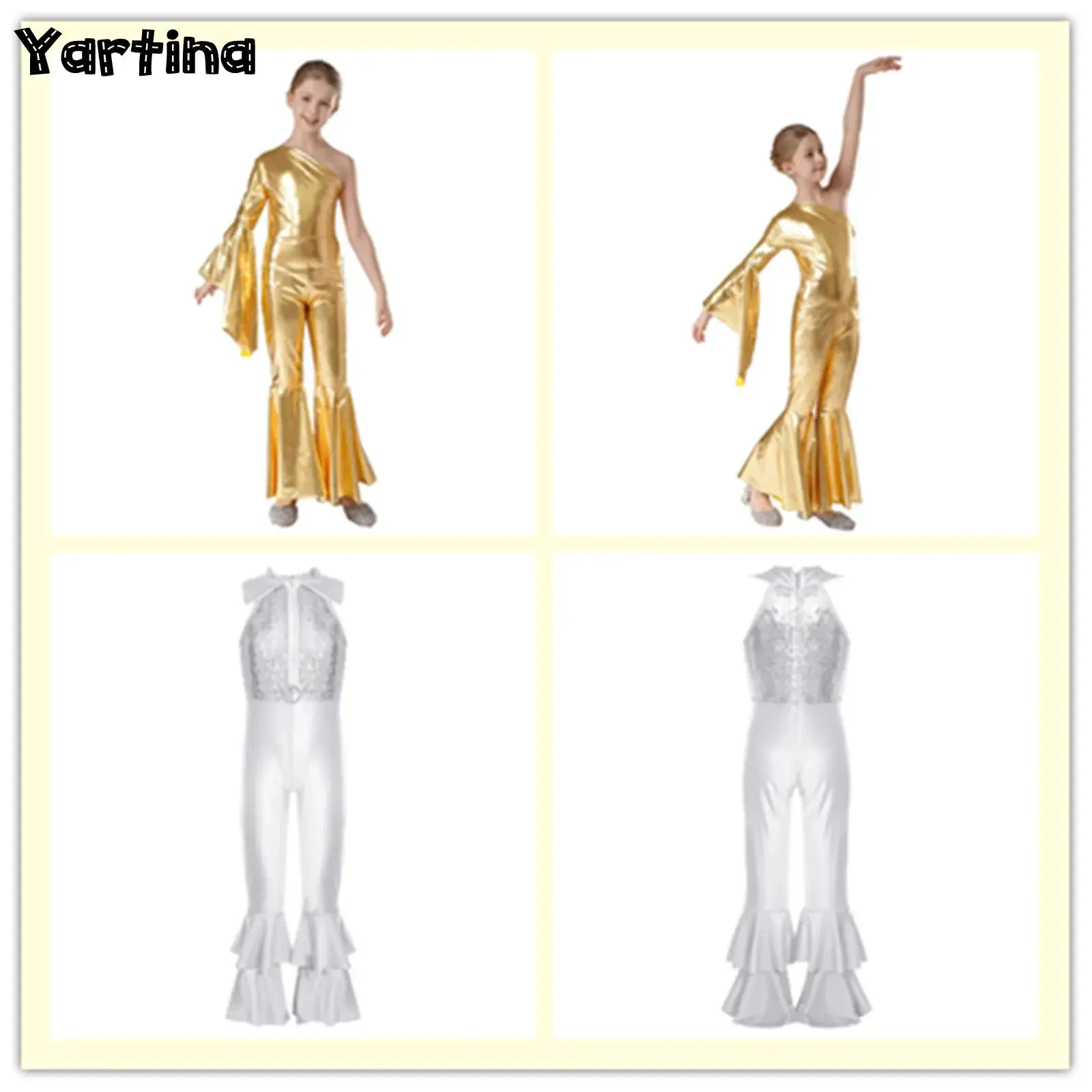 

Kids Girls Sequins 60s 70s Hippie Costume Ballet Jazz Modern Disco Dance Outfits Metallic Shiny Bell-Bottom Dance Jumpsuit