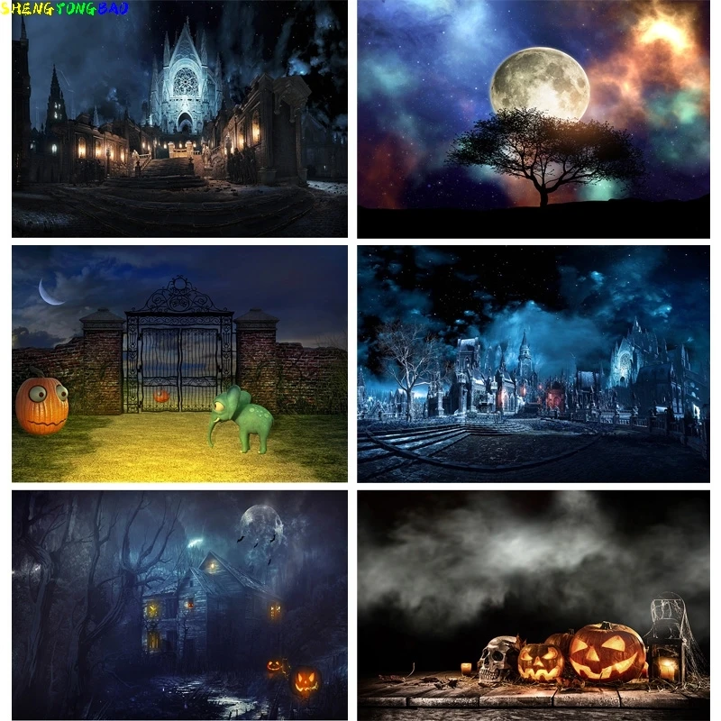 

Halloween Backdrop Pumpkin Lantern Forest Moon Tombstone Baby Photography Background For Photo Studio Props 2182 XZR-01