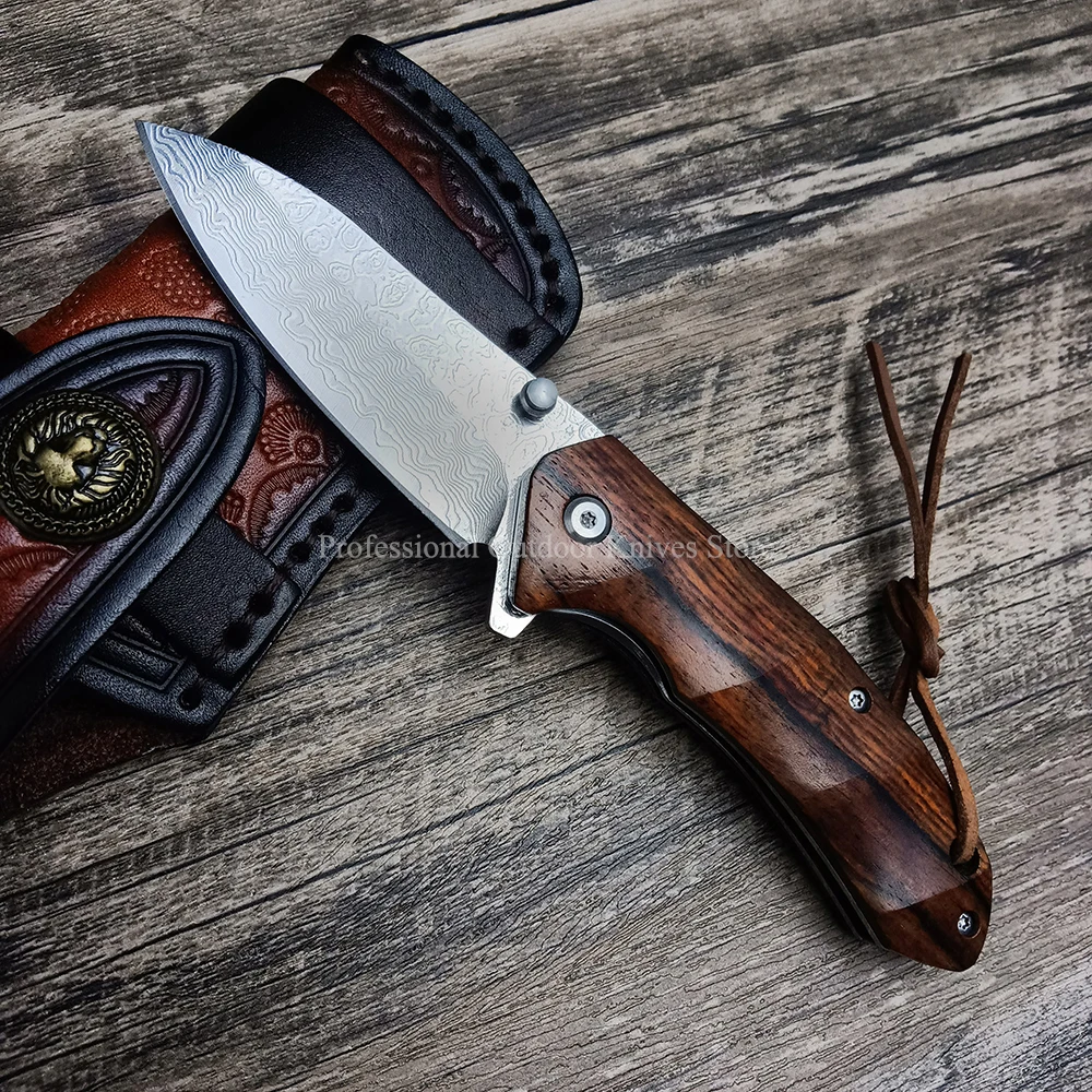 

VG10 Damascus Steel Utility Knife EDC Camping Hunting Folding Knife Wilderness Rescue Cutting Tool Rosewood Handle Men Gift