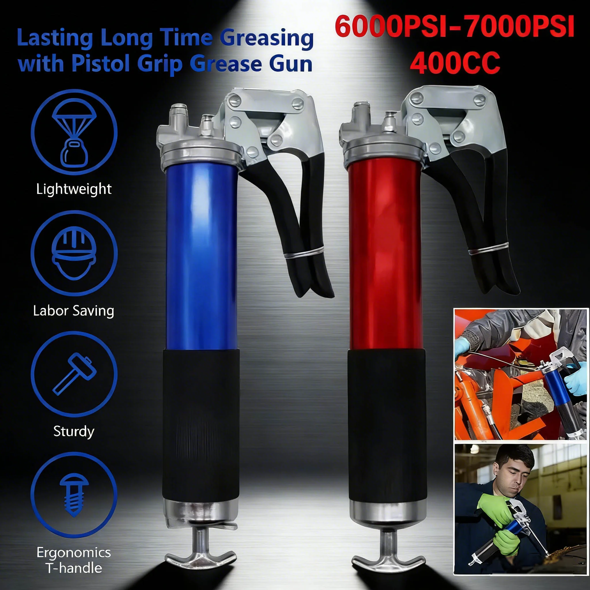 

Ручной шприц для смазки 7000 фунтов на кв. дюйм с пистолетной рукояткой, 400 куб. см, высоконапорный, для тяжелых условий эксплуатации, с соединительной головкой