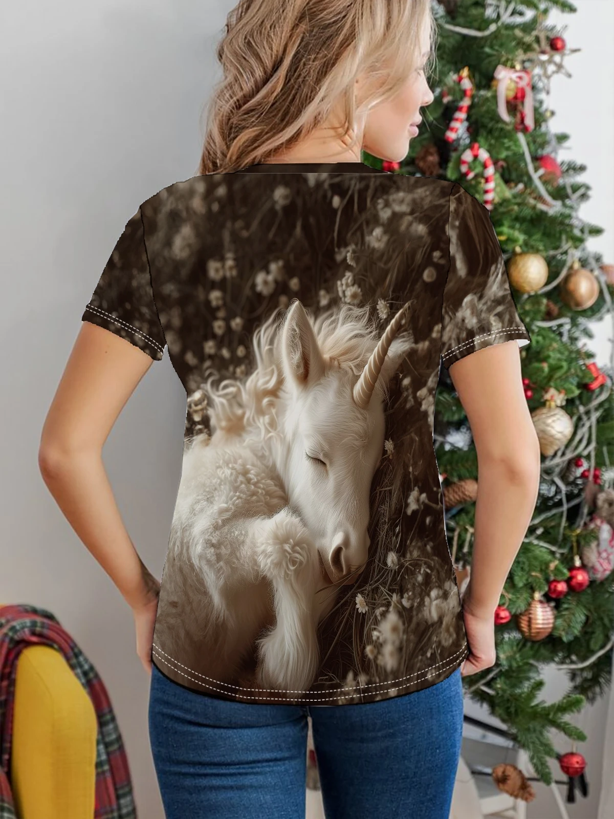 Unicorn Print T-shirt, Casual Crew Neck Short Sleeve Top For Spring & Summer, Women\'s Clothing