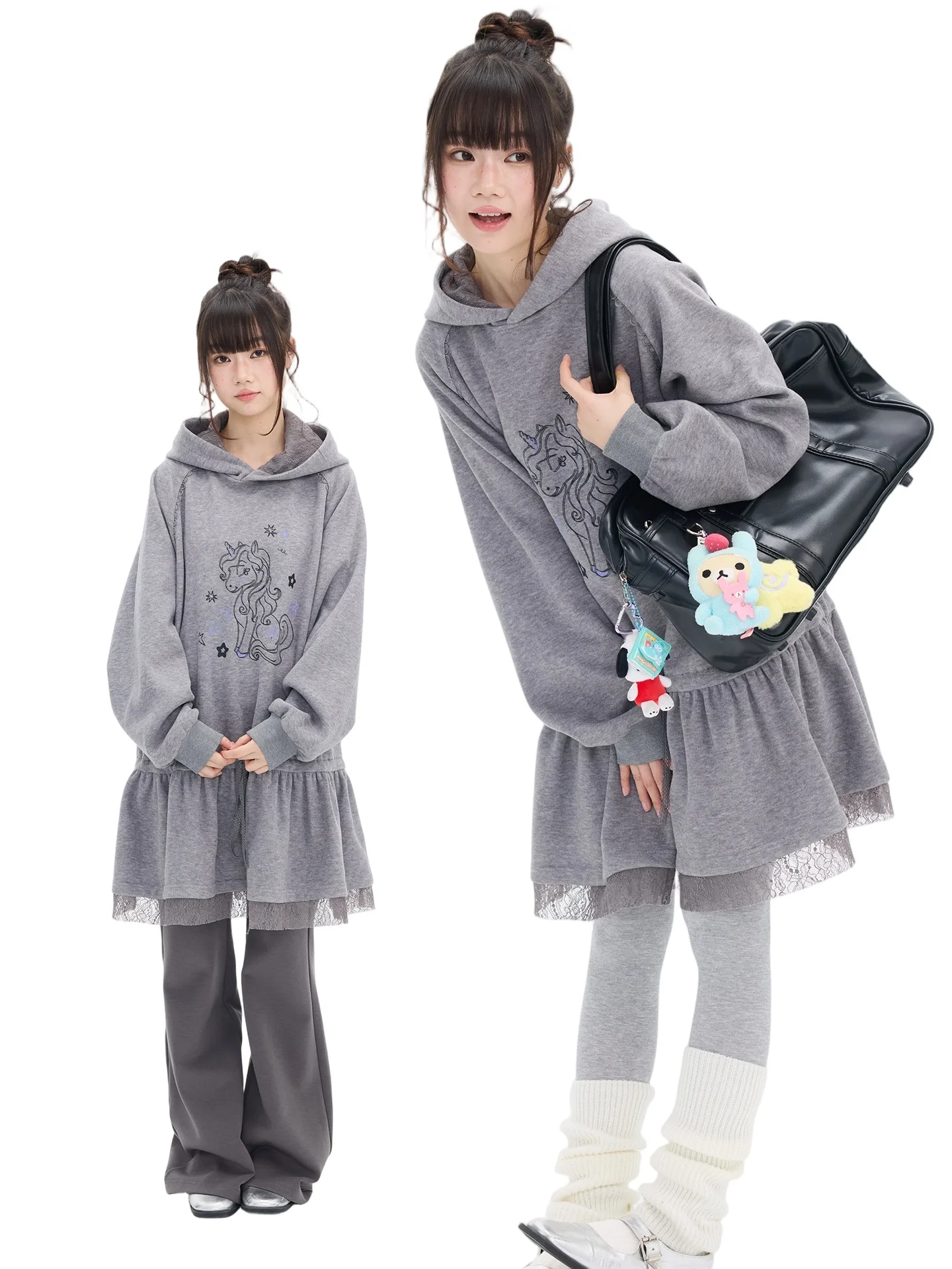 

MOMSAYCAN Оригинальное утепленное длинное худи с иллюстрацией на весну 2026 года, свободный крой, женская мода, смесь полиэстера