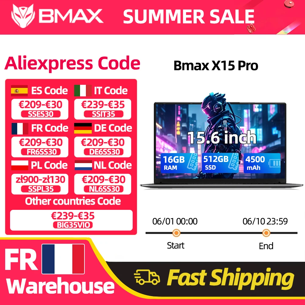 Ordinateur portable Bmax X15 Pro 15,6'' IPS Intel 12e génération N100 16 Go de RAM DDR4 512 Go de SSD Windows 11 Clavier numérique HDMI Wifi USB PC