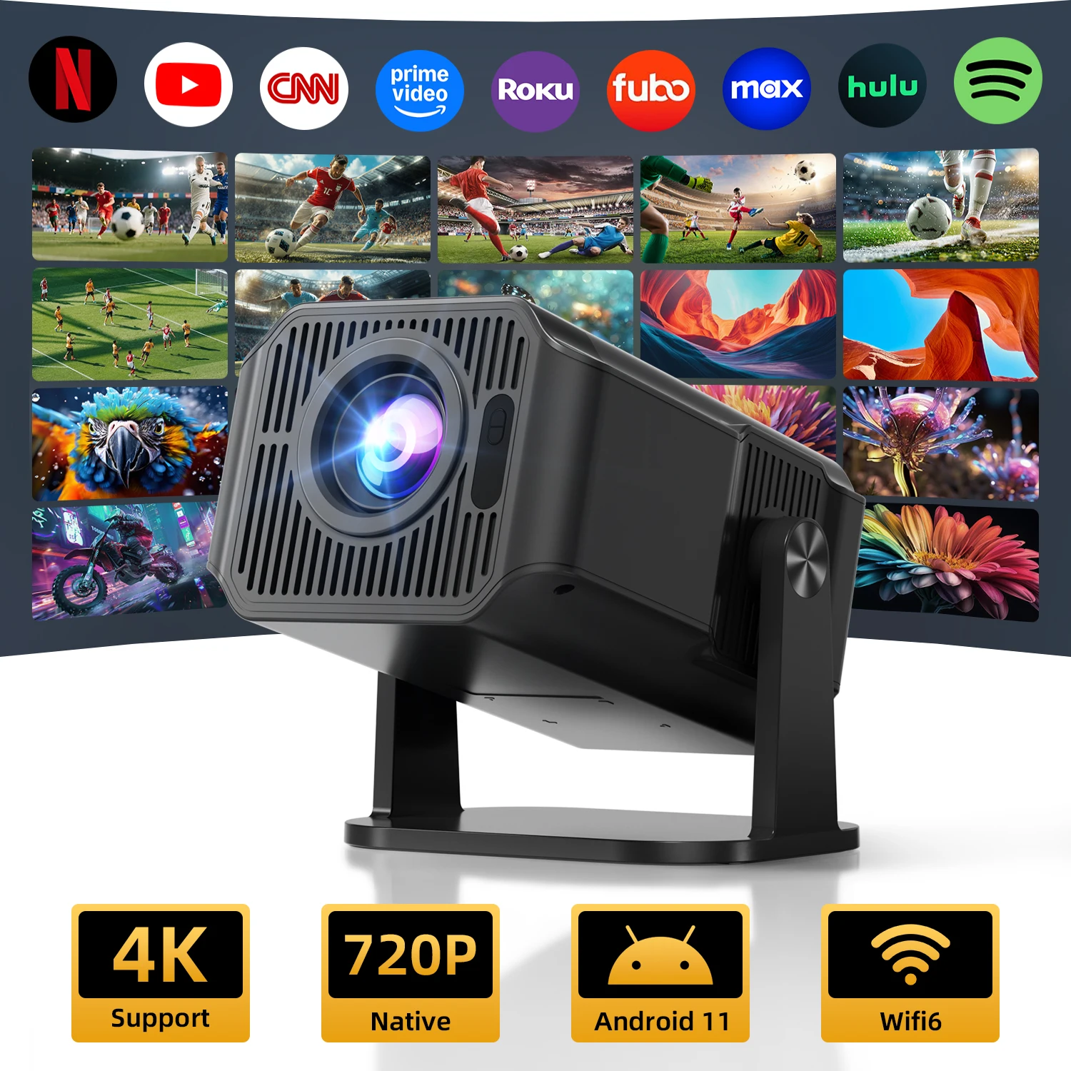 Proiettore portatile HA108, risoluzione nativa 720P, 150 ANSI, Android TV, WiFi 6, supporto per la decodifica 4K, Bluetooth 5.0, correzione trapezoidale, altoparlante integrato, proiettore per film