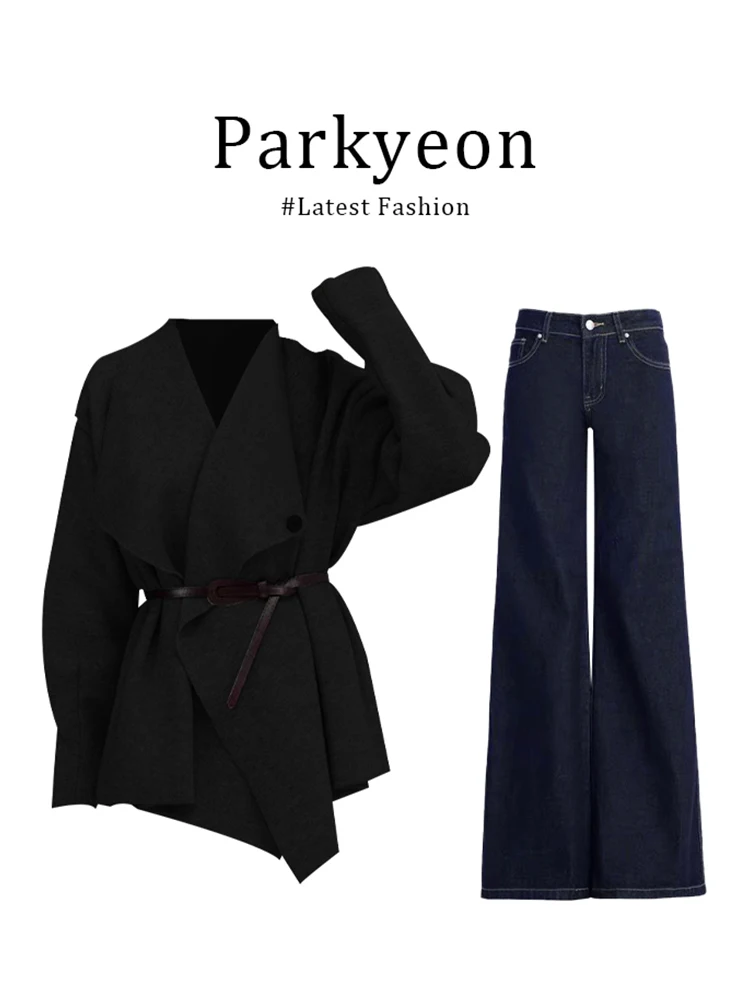 

Korean Style Commute High End Black Large Collar Waist Inward Knitted Jacket Jeans Two Piece Set Women Spring Autumn