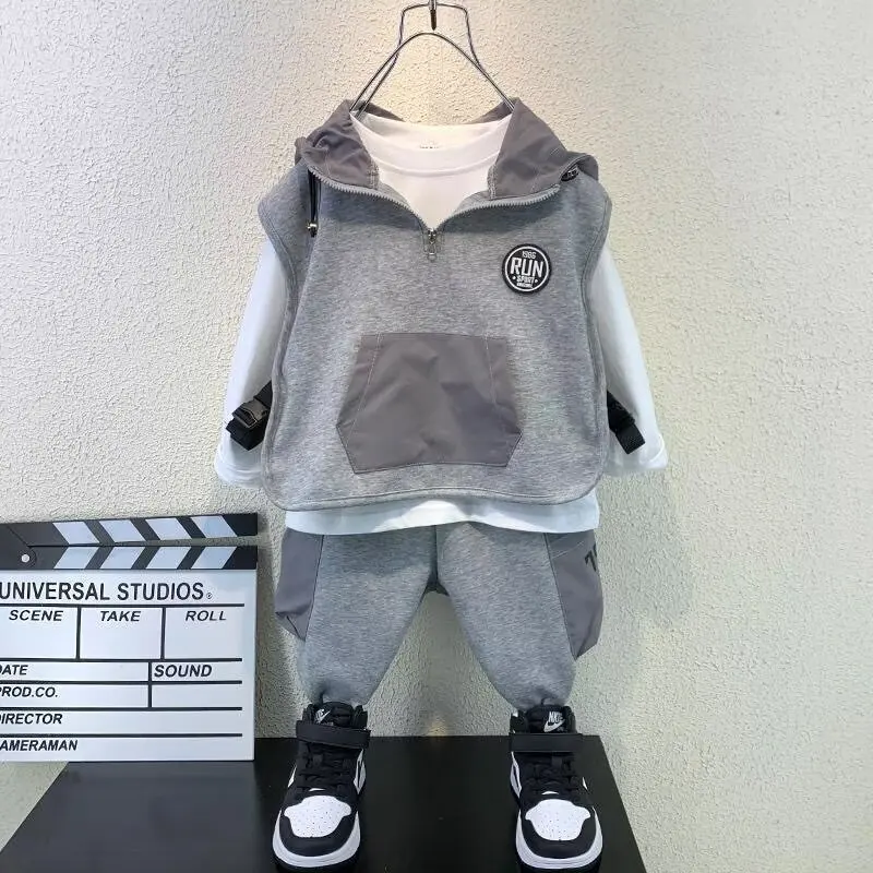 

Kids Boys Clothing Suit Autumn Toddler Boys 3PCS Outfit Set Cotton Spliced Striped Shirt Hooded Waistcoat Solid Pants -