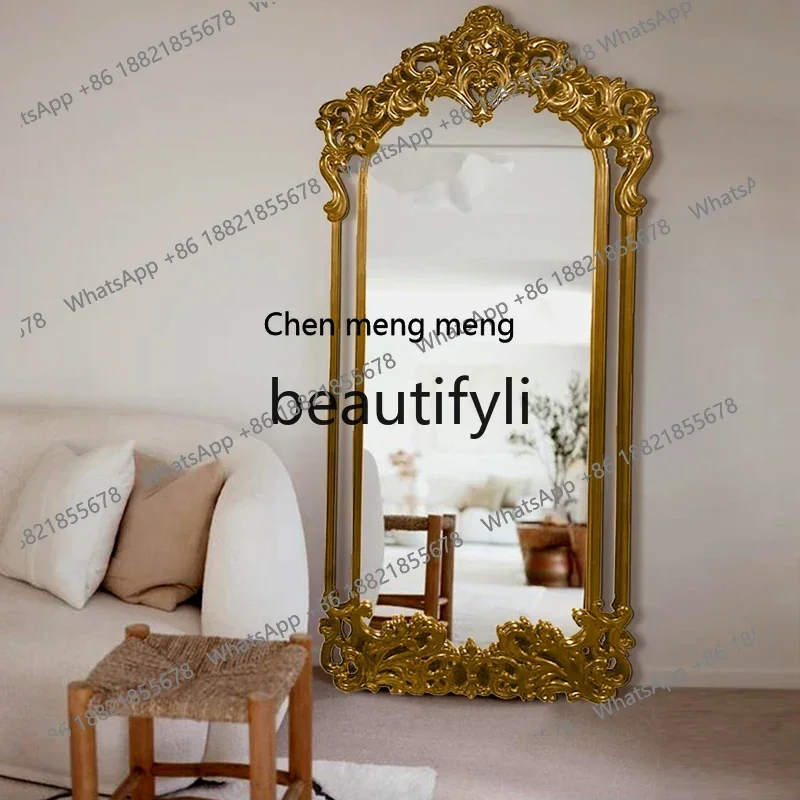 S7486teae フレンチレトロ彫刻ミラー 高級全身鏡 壁掛け式 床置きミラー 寝室用ドレッシングミラー フィッティングミラー