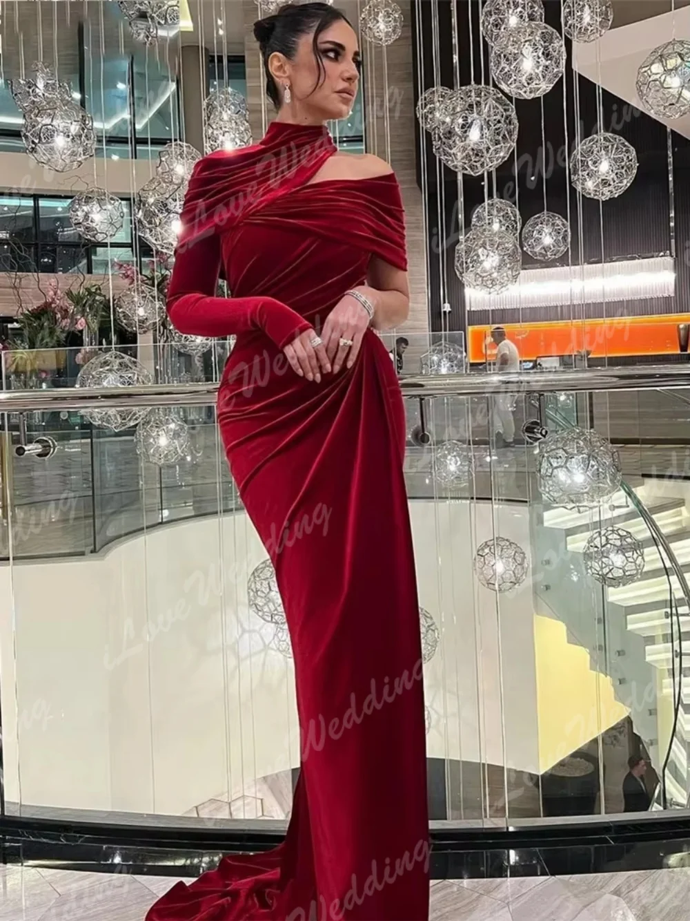 Elegant Red Velvet Evening Dresses High Neck One Shoulder Mermaid Draped Party Dress Saudi Arabia Prom Gowns 2026 Customized