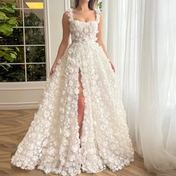 ROSELLA Ivory Square Collar Luxury Evening Dresses 2023 3D Flowers A Line Elegant and Pretty Women Dresses High Split Prom Gown