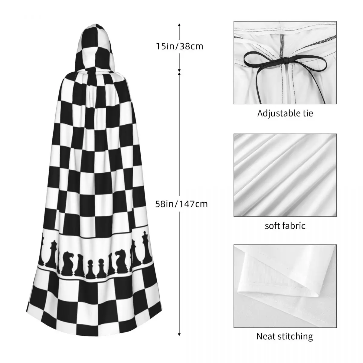 Scacchiera Griglia in bianco e nero Mantello lungo con cappuccio a quadretti Costume medievale da strega Mantello cosplay HalloweenVampiro Adulto unisex