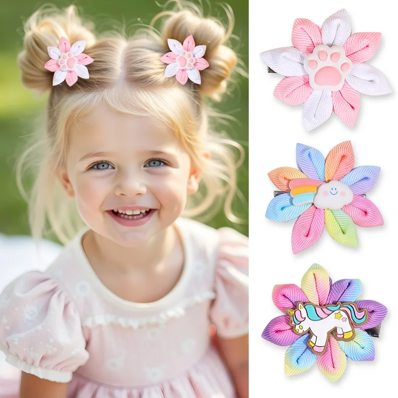 

2Pcs New Unicorn Children's Hairpin Cute Pony Flower Hairpin Macaron Color Colorful Flower Hairpin Hair Pick Hair Pick Gift