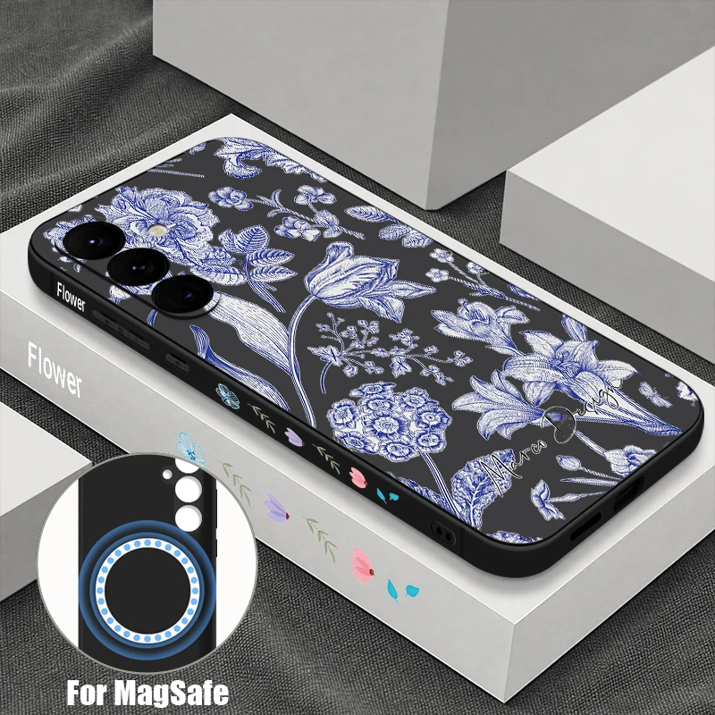 Blue Flower Printed Lanyard Phone Case For Samsung Galaxy S26 S25 S24 S23 Ultra Plus S25 S24 S23 FE S22 Magnetic Soft TPU Cover