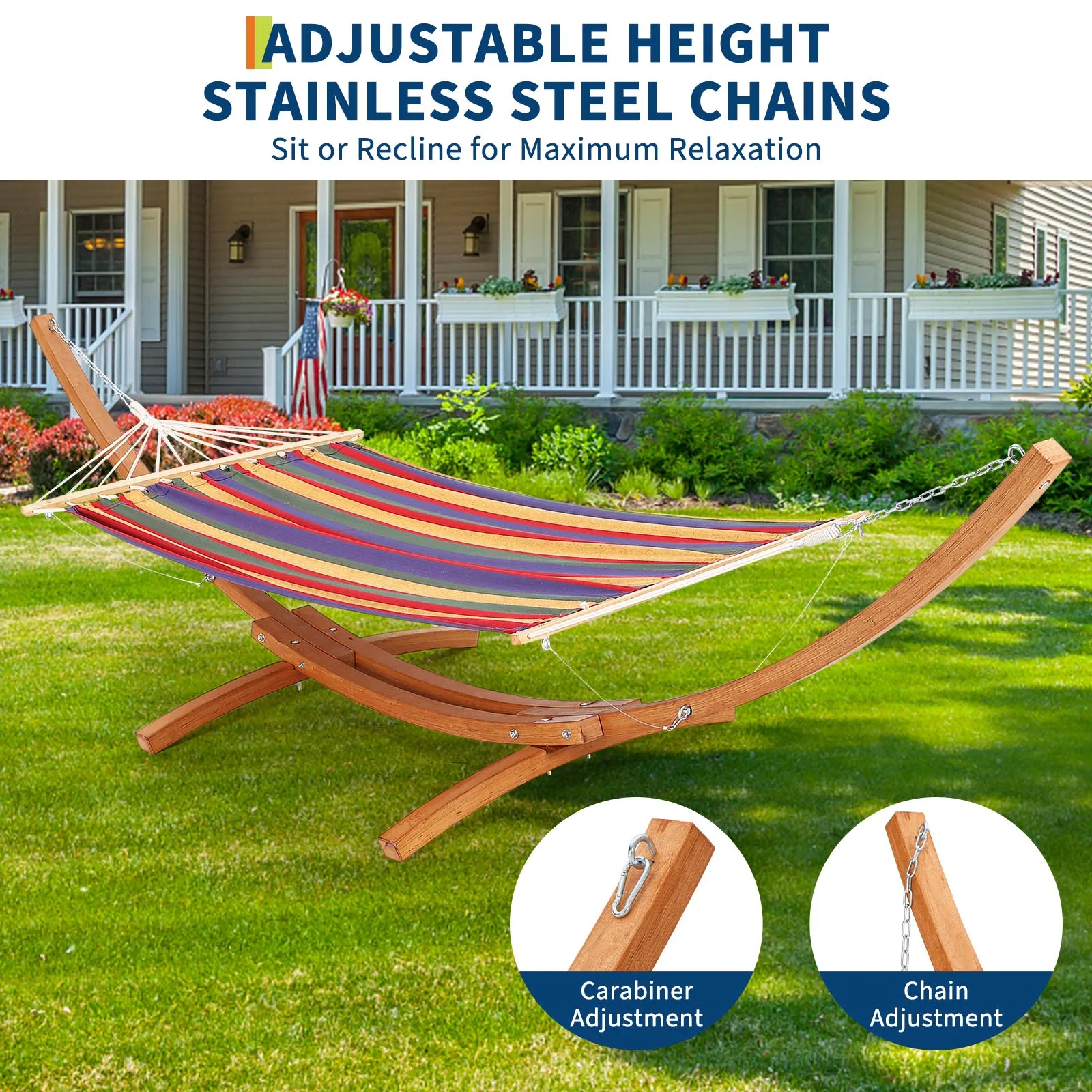 Heavy Duty Curved Wooden Hammock Stand - Weatherproof Global Patio Support Hammock with Chains & Carabiners - Max 475 lbs, Perfect for Backyard, Indoor & Outdoor Use