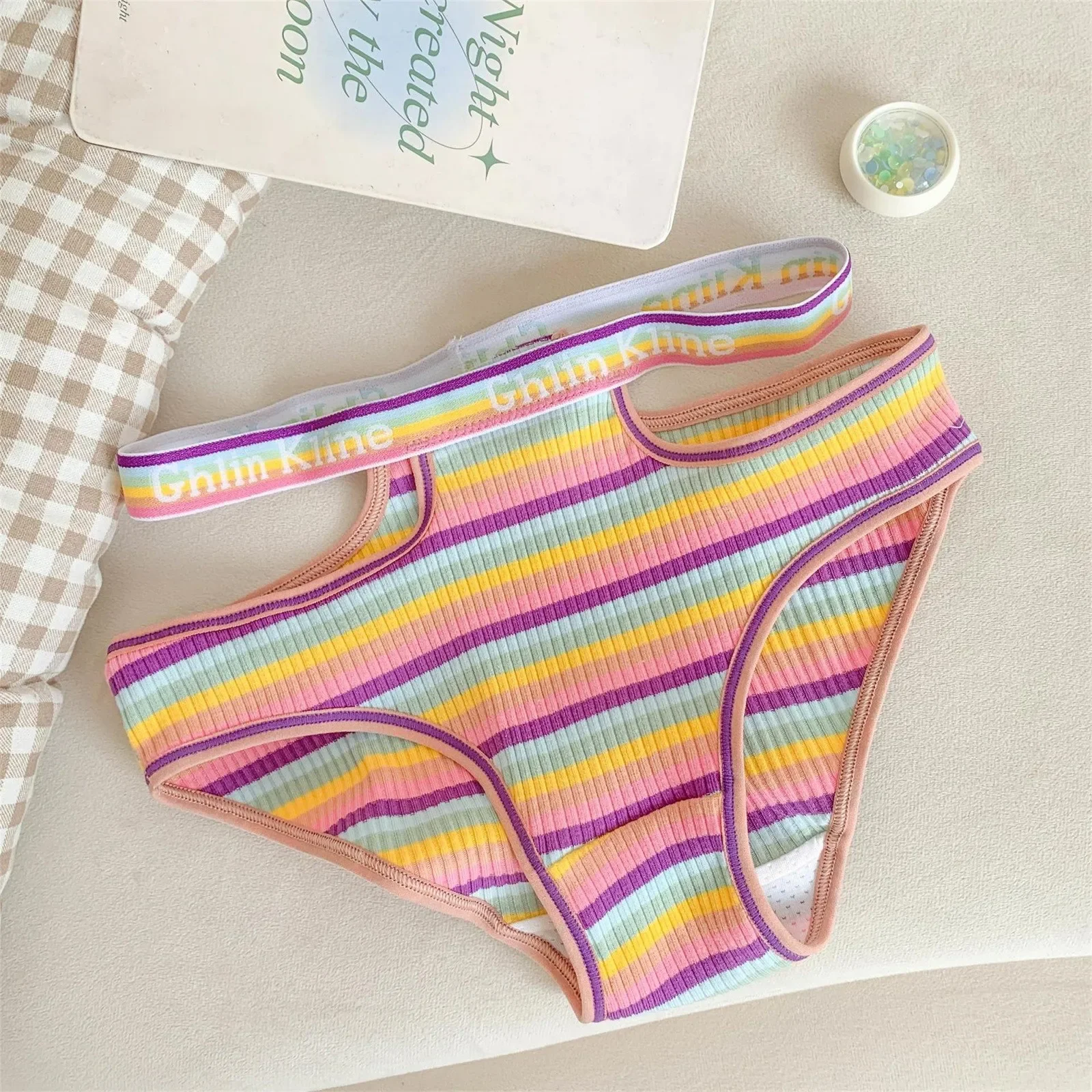 

Panties For Women Pack Tummy Control Women'S Sweet Mid Waist Striped Panties Comfortable Neon Thin Style