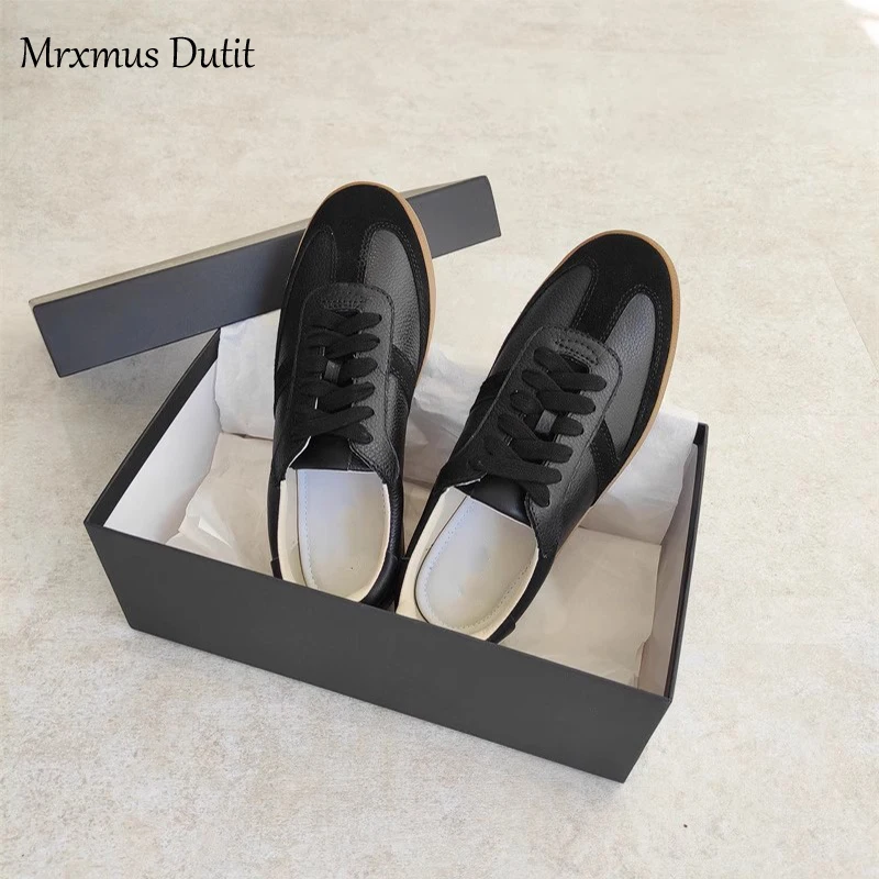 Mrxmus Dutit 2024 New Women Genuine Leather Splice Lacing Flats Shoes Casual Simple All-match Moral Training Shoes Chic Sneaker