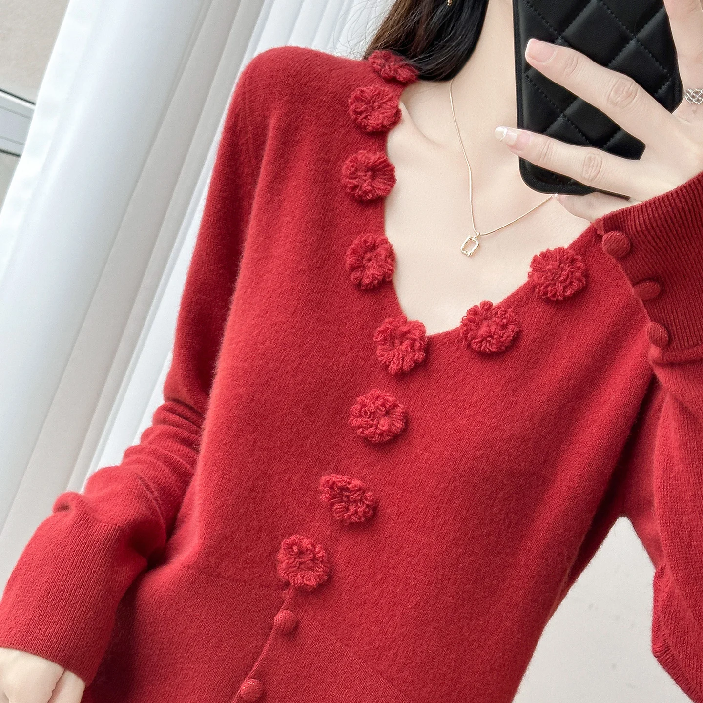 Suéter de lana 100 pura de ganchillo hecho a mano para mujer, jersey de manga larga con cuello de pico, prendas de punto versátiles informales de Color sólido, zara para mujer 2025
