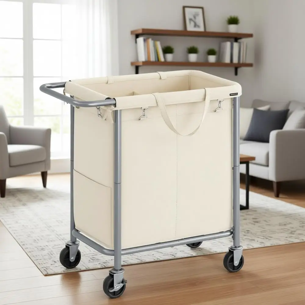

2-Section Rolling Laundry Hamper with Wheels, 37 Gallons, Removable Liner, Steel Frame, Cream White