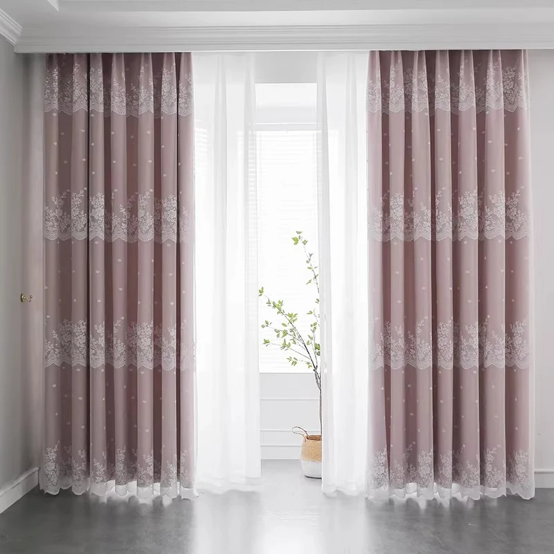 Korean Style 2-Layer Curtain Embroidered Lace Sheer + Blackout Fabric Romantic Princess for Bedroom Light Luxury Farmhouse Style