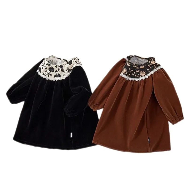 

Retro Autumn Children Velvet Princess Dress Puff Sleeves Floral Lace Collar Spring Vintage Baby Girl Dress Casual Clothing