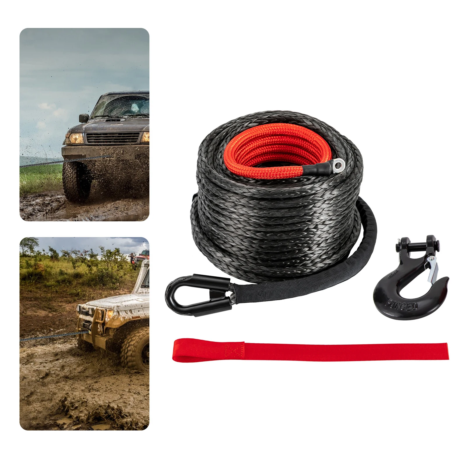 

3/8" X 100FT Synthetic Winch Line with Hook, Protective Sleeve, 23809LBS Breaking Strength, Black, Car Tow Rope for 4WD Off-Road