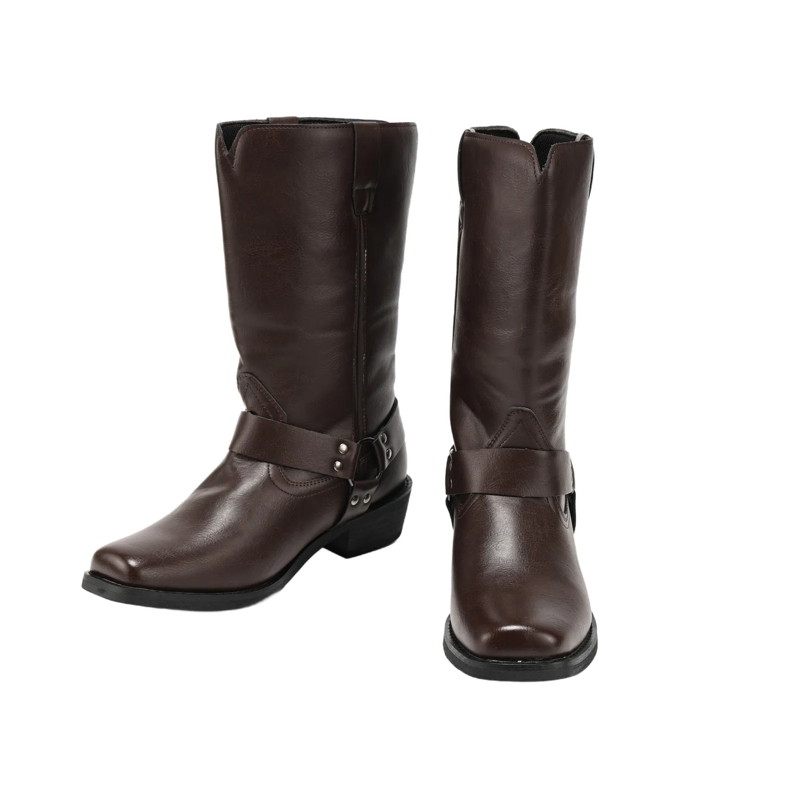 Botas de equitação retrô masculinas, botas de cowboy ocidentais, couro pu fosco, fivela de cinto, rebite, salto de madeira, sola de borracha