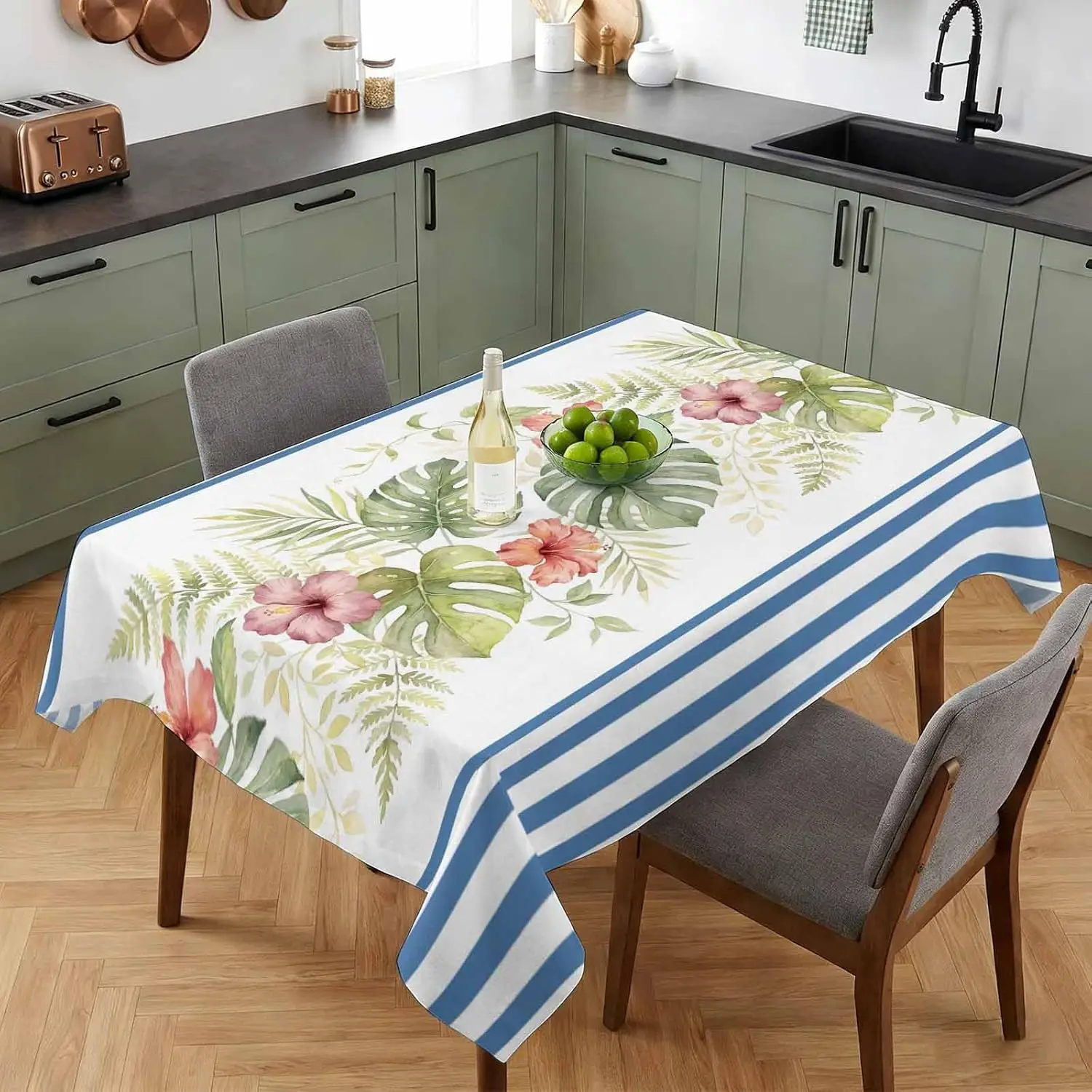 Watercolor Monstera Leaf Flower Print Tablecloth for Table Decor Summer Plant Blue White Stripes Table Cloth Holiday Party Decor